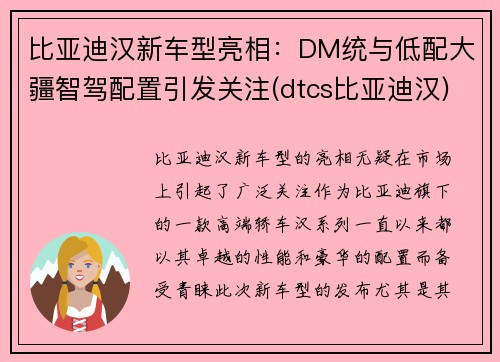 比亚迪汉新车型亮相：DM统与低配大疆智驾配置引发关注(dtcs比亚迪汉)