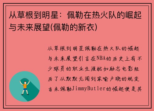 从草根到明星：佩勒在热火队的崛起与未来展望(佩勒的新衣)