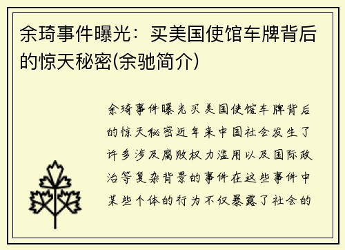 余琦事件曝光：买美国使馆车牌背后的惊天秘密(余驰简介)