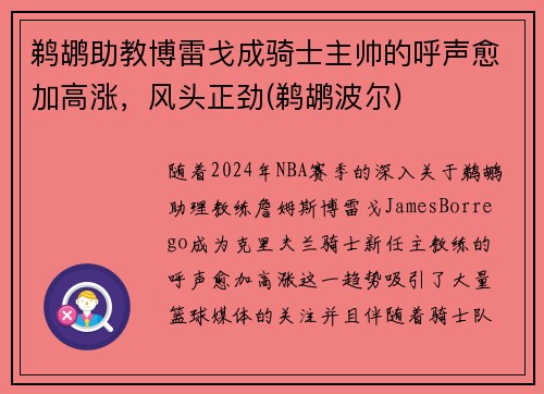 鹈鹕助教博雷戈成骑士主帅的呼声愈加高涨,风头正劲(鹈鹕波尔)