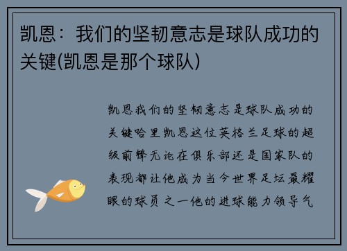 凯恩：我们的坚韧意志是球队成功的关键(凯恩是那个球队)