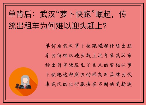 单背后：武汉“萝卜快跑”崛起，传统出租车为何难以迎头赶上？