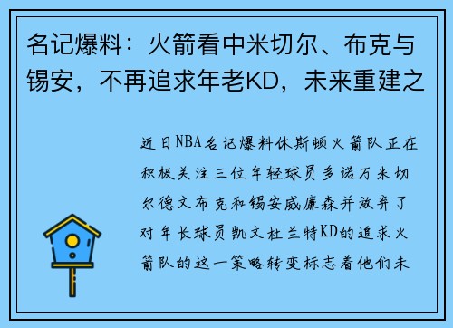 名记爆料：火箭看中米切尔、布克与锡安，不再追求年老KD，未来重建之路明确