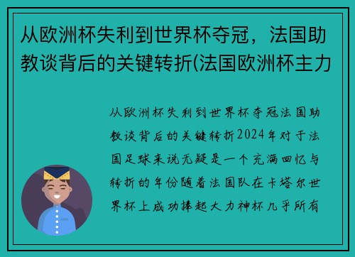 从欧洲杯失利到世界杯夺冠，法国助教谈背后的关键转折(法国欧洲杯主力2020)