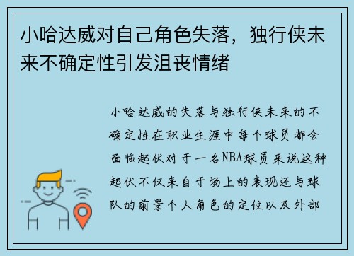 小哈达威对自己角色失落，独行侠未来不确定性引发沮丧情绪