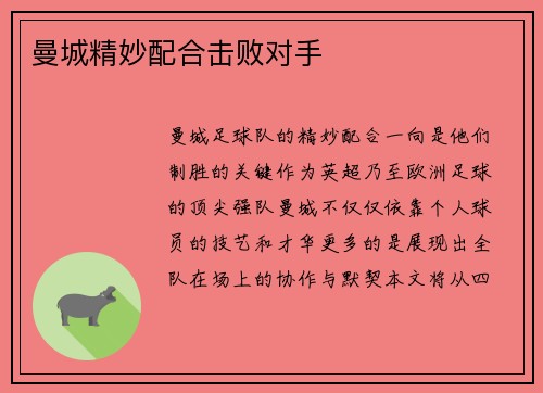 曼城精妙配合击败对手