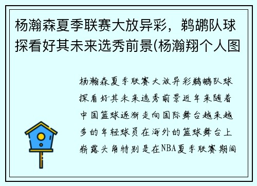 杨瀚森夏季联赛大放异彩，鹈鹕队球探看好其未来选秀前景(杨瀚翔个人图片)